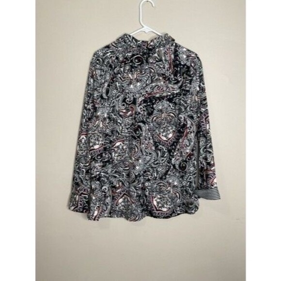 Chaps Black/White Multi Paisley Print No Iron Button Up Shirt Women Size 2X - Picture 10 of 10